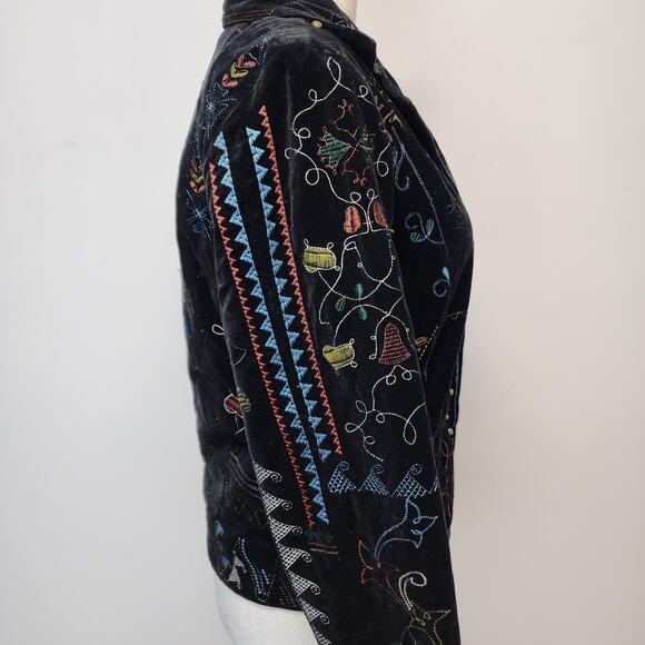 Chicos 1 Black Velvet Embroidered Blazer Jacket Size M 8 Studded Boho Whimsigoth - Picture 3 of 15